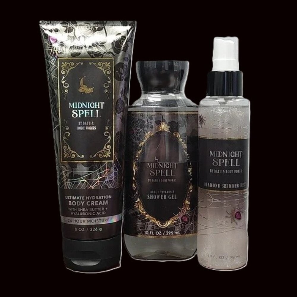 Bath & Body Works MIDNIGHT SPELL Shower Gel Body Cream Diamond Shimmer Mist x 3